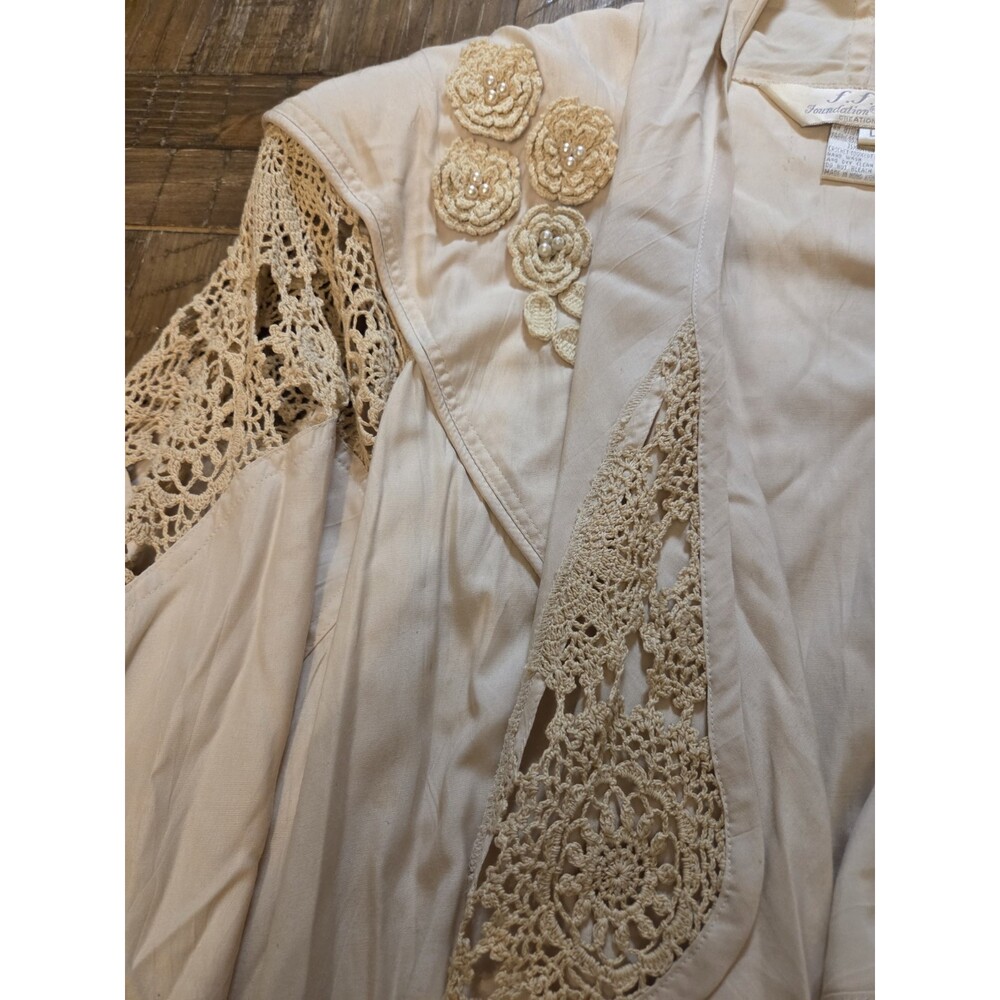 VTG FFC Jacket Boho Size L Beige LINEN OVERSIZED Embroidered Crochet Batwing - Picture 3 of 12